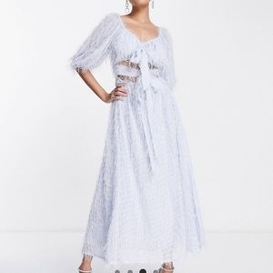ASOS CUT OUT LIGHT BLUE FRINGE MIDI MAXI DRESS PUFF SLEEVES SIZE 6 WORN ONCE